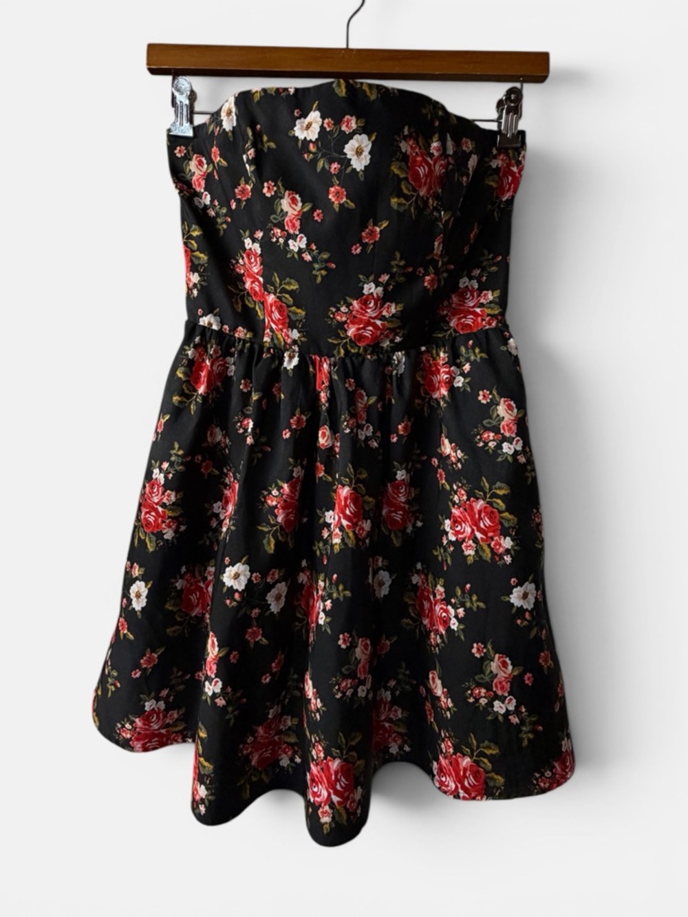 Forever 21 Black Strapless Mini Dress with Red Floral Print